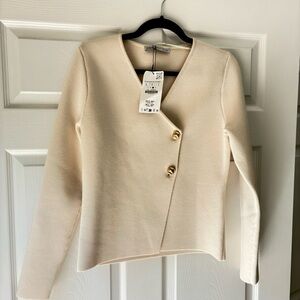 Zara cream wrap sweater with gold buttons